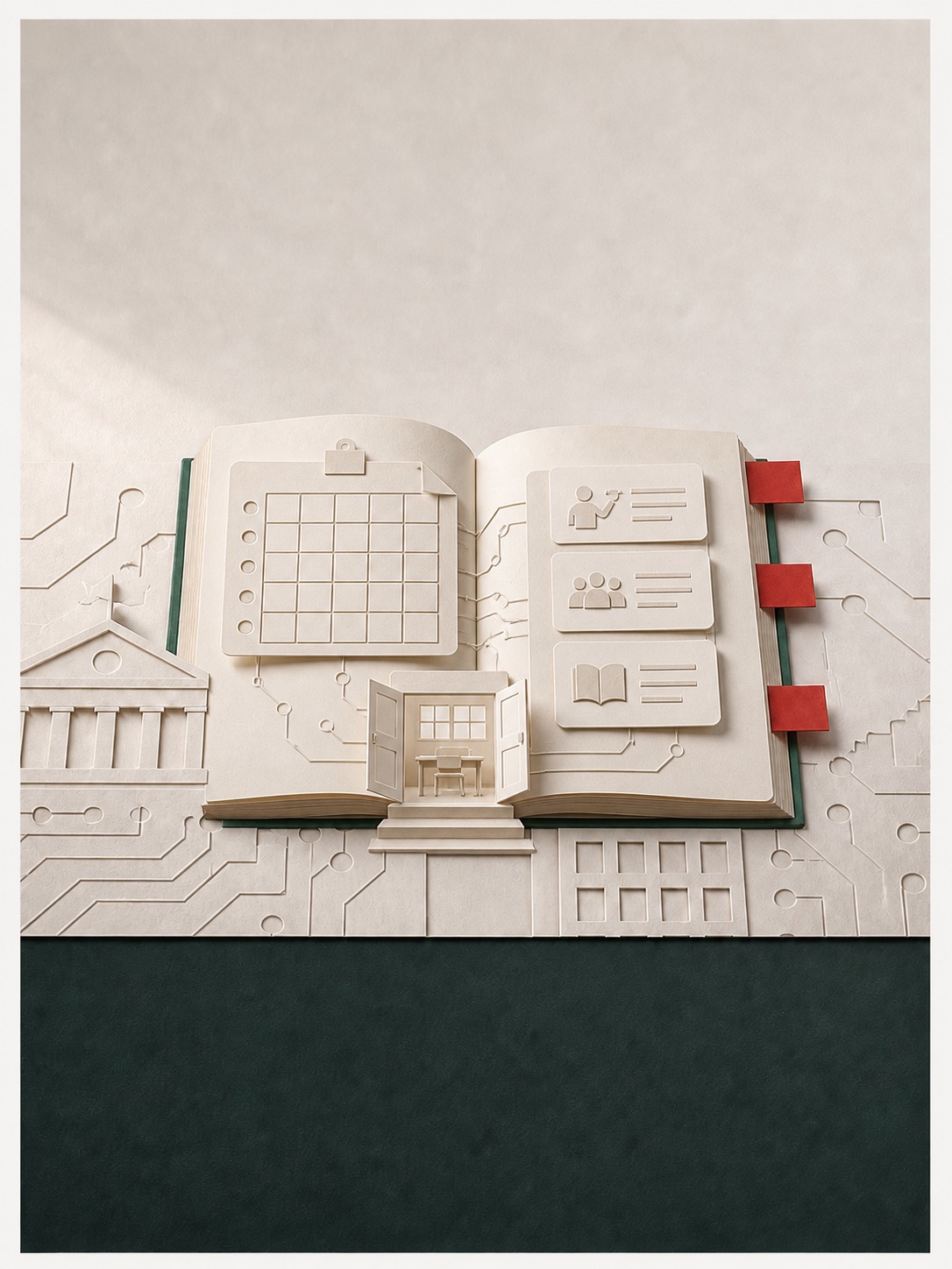 一本打开的纸雕教材连接课程表、课堂门与三张学习卡片，书页外延伸出电路，右侧有三枚红色标签