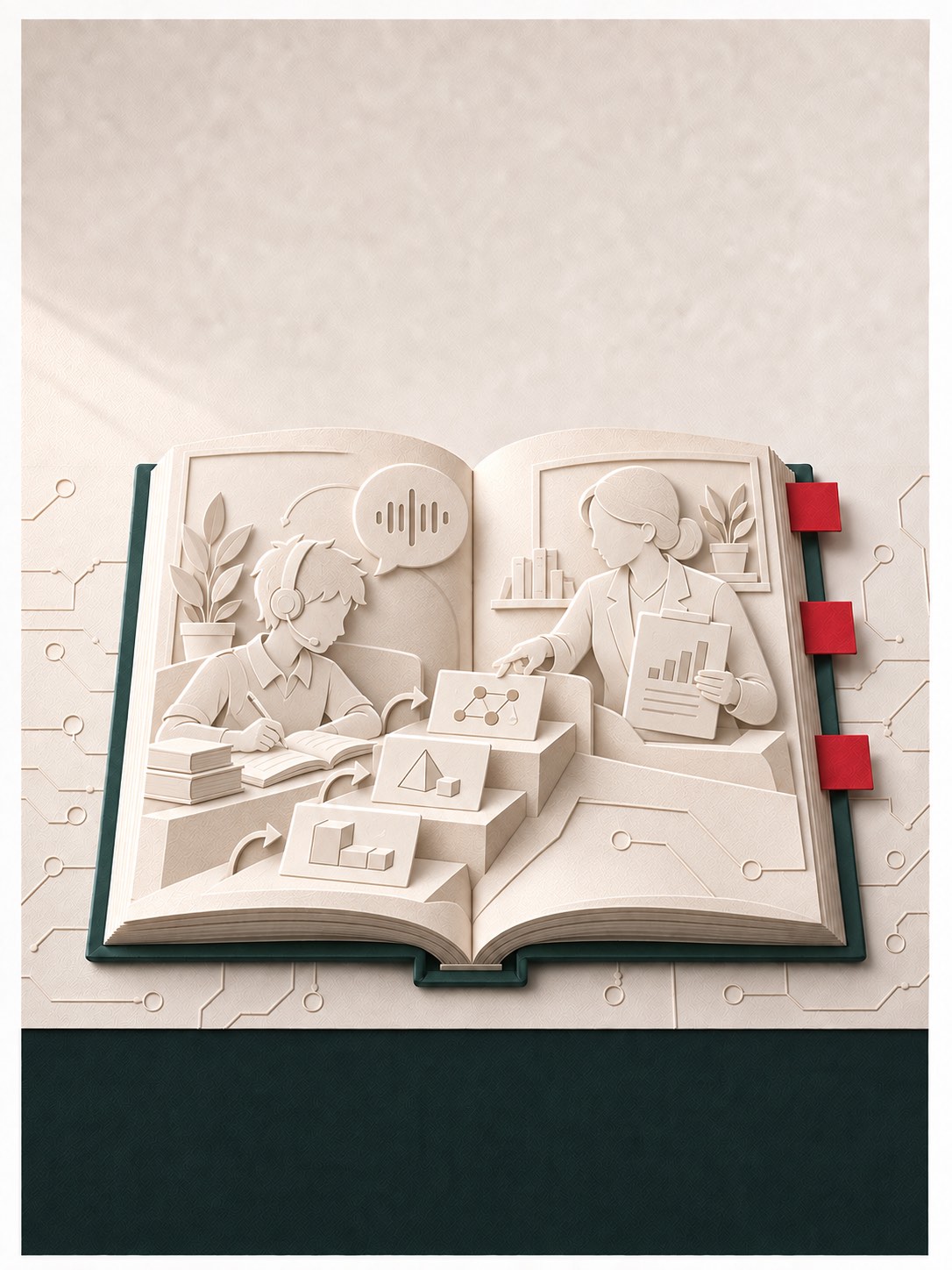 A paper-sculpture book shows a student wearing a headset progressing up exercise steps while a teacher reviews progress and points to the next task, with a voice waveform linking the pages