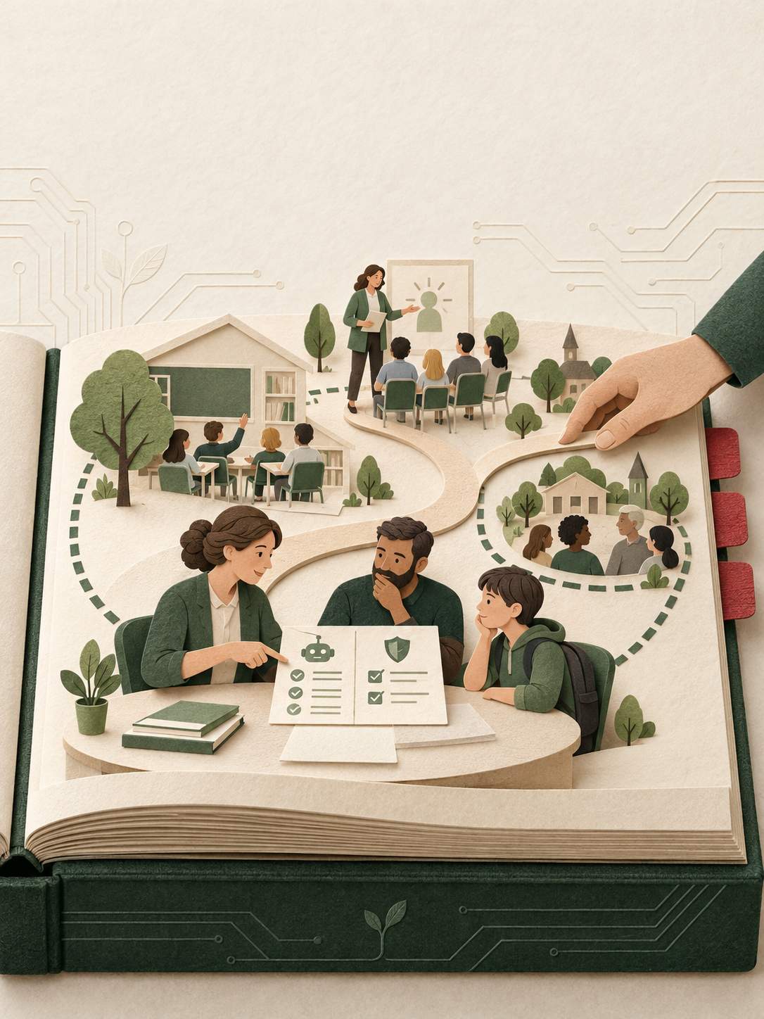 A paper-cut school connects policy boundaries, teacher learning, and a classroom task along a green path